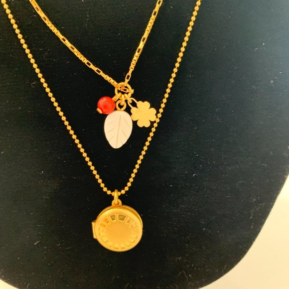 Madewell Engraved Locket Necklace Set Double Strand Layers Pendant Charms Gold - Picture 6 of 8
